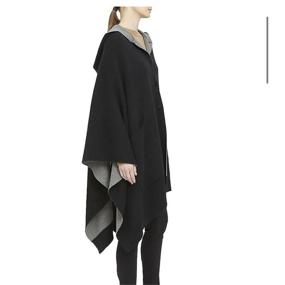 Theory button down Felted Wool-Cashmere Hooded Poncho - Black / Grey size P/S - Picture 3 of 8